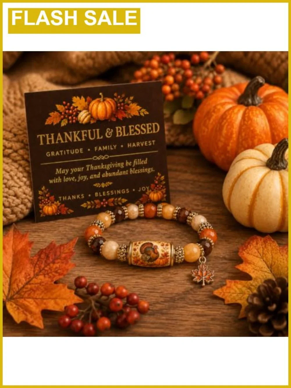 Thanksgiving Charm Bracelet for Women Adjustable Beaded Stretch Blessing